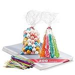 Prestee 200 Pack Clear Plastic Cellophane Bags Goodie Bags [4x9] with 4" Twist Ties, Candy Bags, Cookie Bags, Treat Bags with Ties, Clear Gift Bags, Cellophane Treat Bags (Pack of 200)