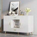 YITAHOME Sideboard Buffet, Buffet Cabinet Storage Credenza w/Adjustable Shelf, Wine Glass Holder, Drawers, Modern White & Gold Dresser 300 lbs Capacity for Living Room, Kitchen, Dining Room