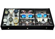 Proniks Sunglass goggles eyewear with Watches and Bracelet Accessories Box case cover zipper dubba 14pcs Storage compartment organizer (Clear Black)