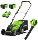 Greenworks Lawnmower G40LM35 and Leaf Blower G40AB (Li-Ion 40V 35 cm Cutting Width 500 m² 40l Grass Collector) 177 km/h Air Speed Speed Speed Control with 2 Batteries 2 Ah & Charger