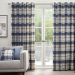 Fusion - Blue Tartan Curtains W66 x L54 (168 x 137cm) - 100% Cotton - 2x Panels - Sapphire Blue Checkered Curtains - Blue Eyelet Curtains in Plaid Pattern - Dark Blue Curtains for Living Room/Bedroom