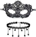 Masquerade Mask + Black Lace Choker Necklace for Women, Halloween Party Mardi Gras Mask Masquerade Costume Set