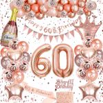 60th Birthday Decorations, Rose Gold 60th Birthday Decorations, 60th Rose Gold Balloons Birthday Sash Happy Birthday Banner Number 60 Balloons Cake Topper for Women 60 Birthday Party Decoration