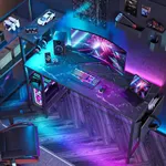 Bestier Gaming Desk with LED Lights, 51.3 Inch Computer Desk with 4 Tiers Reversible Shelves, Gamer Desk with Side Storage Bag, Hooks and Height Adjustable Shelf (Black Marble)