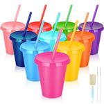 NUZEKY Reusable Plastic Cups with Straws & Lids - 10Pcs 16oz Cold Iced Coffee Drinking Cup Colorful Straw Tumblers Bulk - Cute Durable Travel Party Cup for Adults