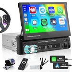 Hikity Single Din Car Stereo with Carplay Android Auto 7 Inch Foldable Touchscreen Bluetooth Car Radio with Rear Camera FM SWC USB AUX TF Mirror Link