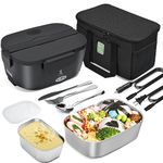 STN Electric Lunch Box Food Heater,Efficient Heated Lunch Box Set with Removable Pure 304 SS Container (1.5 L+ 0.45 L),Insulated Bags,Big Cutlery Set for 12v 24v 220v (Black M)