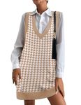 Hotouch Womens Long Sweater Vests for Shirt Pattern Knit Pullovers Dress V Neck Sweater Dress with Pockets Chunky Vest Dress, Brown Houndstooth M