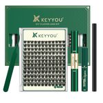 Lash Extension Kit KEYYOU 144pcs Lash Clusters Eyelash Extension with Mascara Brush Bond and Seal Lash Glue Remover Lash Applicators Brush for DIY Lash Extensions at Home (Y02 Kit)
