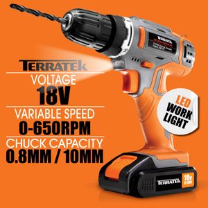 Terratek 18V Cordless Drill Set – Battery Powered Electric Driver