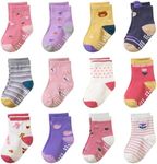 AMENLAN Toddler Non Slip Grips Socks Kids Anti Skid Baby Boys Girls Cotton Crew Socks 12 Pairs (Pink Flowers, 1-3 Years)