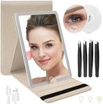 WangSelect Travel Mirror with Light Ultrathin Portable Travel Makeup Mirror Rechargeable 2000mAh and 3 Color Settings Lighted Vanity Mirror Include 10X Magnifying Mirror&Tweezers Set -Apricot