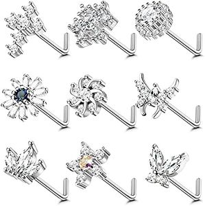 Ubjuliwa 9Pcs 20G Stainless Steel Nose Rings L Shape Bone Screw Nose Studs for Women Men Cubic Zirconia Moon Star Flower Butterfly Nose Piercing Jewelry, Crystal, cubic-zirconia