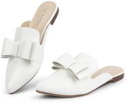 MUSSHOE Mules for Women Comfortable Pointed Toe Backless Slip-on Slides Loafer Flats with Bowknot,White PU 8.5