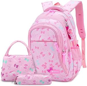 3PCS School Backpack for Girls, Kids Bookbags Set Primary Girls Students (Daypack + Lunch Bag + Pencil Case)(Pink)