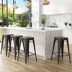 Andeworld Bar Stools Set of 4 Stackable Metal Bar Stools Industrial Counter Height Stools Backless Barstools with Wooden Seats (24 inch, Matte Black with Wooden Seats)