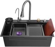 DOLANTO PREMIUM Waterfall Kitchen Sink 30 x 18 x 9 inches with ANTI SCRATCH HONEYCOMB DESIGN Integrated Waterfall and Pull-down Faucet Set/304 Grade Stainless Steel Sink with Drain Baskets