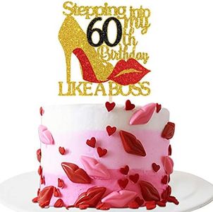 INNORU Gold Red Glitter Stepping into 60 Cake Topper - 60th Birthday Cake Decor - Stepping into My 60th Birthday Like a Boss - Happy Birthday Party Cake Decorations for Girl Women Birthday Photo Props