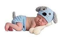 Newborn Baby Girl Boy Photo Props Outfits Crochet Knitted Blue Dog Hat Shorts with Bone Set for Boys Girls Photography Shoot (0-6 Months)