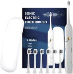 MAXWISDOM Electric Toothbrush for Adults - Electric Toothbrush with case, 6 Replacement Brush Heads, 5 Modes, 3 Intensity Levels,120 Days Battery Life(White)…