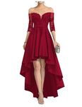 BessDress High Low Prom Dress with Sleeves Satin Off Shoulder Cocktail Dress A Line Formal Evening Gown PM233, A-wine Red, 22