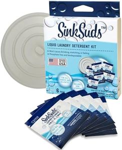 SinkSuds Travel Laundry Detergent Liquid Soap + Odor Eliminator for All Fabrics Including Delicates, (TSA Compliant), 6 Sink Packets (0.25 fl oz each) + 4in Stopper, White