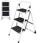 TANGZON Folding 3/4 Step Ladder, Steel Step Stool with Widen Anti-Slip Pedals, Reinforced Crossbar, Safety Handrail & Lock, 150kg Capacity Portable Tread Stepladder for Household Garage Shop(3 Step)