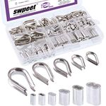 Swpeet 250Pcs 304 Stainless Steel Rope Cable Thimbles and 6 Sizes Aluminum Crimping Loop Sleeve Assortment Kit Perfect for 1/8" - 5/32" Diameter Wire Rope Cable Thimbles Rigging