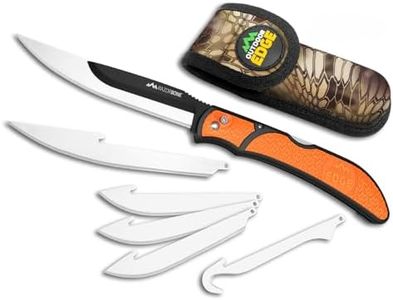 OUTDOOR EDGE RazorBone Replaceable Blade Folding Hunting Knife with Clip & Sheath. 3 Butcher Knife Blade Styles - Boning, Gutting, & Skinning Knives. Blaze Orange, Camo Sheath, 6 Blades & Blade Box