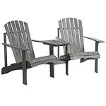 Outsunny Wooden Outdoor Double Adirondack Chairs Loveseat w/Centre Table and Umbrella Hole, Garden Patio Furniture for Lounging and Relaxing, Grey