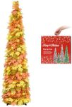 MACTING 5ft Pop up Fall Tree with Lights Easy-Assembly Tinsel Coastal Glittery Maple Leaf Tree for Porch Home Holiday Thanksgiving Xmas Decorations