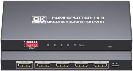 8K HDMI Splitter 1 in 4 Out 4K120hz,HDMI 2.1 Splitter 1x4 8K60Hz，Downscaler EDID Mode，hue Light sync，Compatible with Xbox Series X, PS4 Pro, PS5, Blu-ray Player