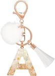 MWOOT Letter A Keyring with Tassels Plush, Initial Name Keychain Cute White Gold Resin Car Key Chain, Personalised Key Pendant Handbag Charms Accessories Craft Key ring Decoration Gifts for Women(A)