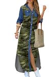 OMZIN Ladies Button Down Roll Up Maxi Dress Long Sleeve Long Dress Loose Fit Boho Split T-Shirt Dress Camo XL