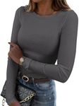 Zeagoo Ribbed Long Sleeve Tops Stretch Crewneck T-Shirt Slim Fit Blouses for Women Business Casual Charcoal Grey