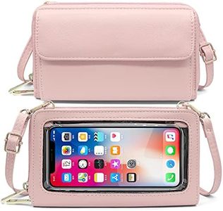 HNOOM Bolso Movil Mujer, Bolso Bandolera Móvil con Pantalla Táctil, Bloqueo RFID Monedero Cuero PU Bolsos Bandolera de Mujer Cartera Movil con Ranuras para Tarjeta y Cremallera Billetera (Rosa)