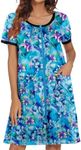 Ekouaer Women Zipper Front House Coat Short Sleeves Robe Zip Up Bathrobes Short Nightgown with Pockets S-3XL, Dark Blue Floral, X-Large