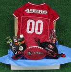 NFL San Francisco 49Ers PET Gift Box with 2 Licensed Dog Toys, 1 Logo-Engraved Natural Dog Treat, 1 NFL Jersey, 1 NFL Puppy Training Bells & 1 Car Seatbelt