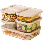 Nestasia Groovo Glass Containers for Fridge Storage Set of 6 (S-310ml x 2, M-520ml x 2, L-750ml, XL-1200ml) Transparent Stackable Glass Container with Lid, Microwave & Dishwasher Safe (Beige)