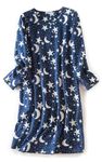 CHUNG Women Nightdress Ladies Nightie Long Sleeve Crew Neck Cotton Sleepwear Cute Pattern Print Loungwear Spring Summer Navy Star L