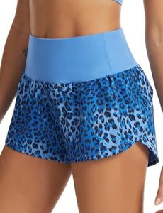 THE GYM PEOPLE Womens High Waisted Running Shorts Quick Dry Athletic Workout Shorts with Mesh Liner Zipper Pockets Blue Leopard