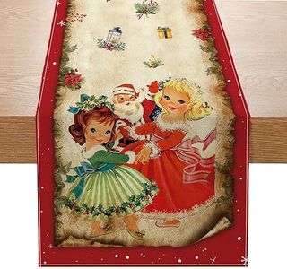 Vintage Christmas Table Runner Christmas Decorations - Red Vintage Style Santa Claus Girls Merry Christmas Winter Xmas Home Kitchen Dining Table Decor, Christmas Party Decorations 13 x 72 Inch