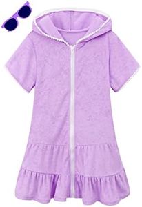 LUCKYGAL Girls Swim Cover Up Kids Swimsuit Coverup Terry Zip-Up Beach Bathing Suit Robe with Sunglasses, Purple, 6-7 Years