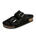 Project Cloud Platform Sandals House Slippers Genuine Suede Shearling Fur lining Slide - Eva Outsole Cozy Womens Sandal - Adjustable Straps Arch Support Indoor & Outdoor (Dianea), Black, 7