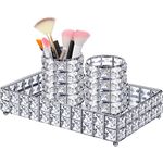 3 Pieces Crystal Makeup Brush Holder Organizer Vanity Makeup Tray Set, 2 Pcs Crystal Bling Cosmetics Brushes Cup 1 Storage Jewelry Trinket Tray Bathroom Sink Vanity Trays, 11.81 x 7.87 x 2.76 Inch