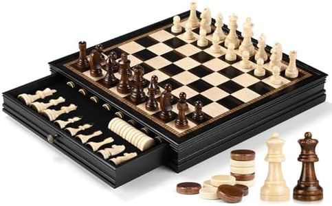 Peradix Magnetic Chess Checkers Board Sets with 2 Built-in Storage Drawers,15" Classic 2 in 1 Wooden Games with 2 Extra Queens for Kids and Adults,Travel Portable Chess Game Set