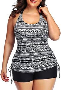 Yonique Women Plus Size Tankini with Shorts Two Piece Bathing Suits Athletic Swimsuits Tummy Control Swimwear Tribal 20W Black White
