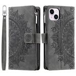 VEEMOS Wallet Case for iPhone 14 Flower Flip Case Protective Leather Folio Book Phone Cover with Card Slots Kickstand Zipper Pocket - Grey