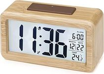 aboveClock Digital Alarm Clock, Wooden Bedside Clock with Large LCD Backlit Display, Temperature, Snooze Function, Brightness Sensor, 3 AAA Battery Operated【Battery NOT Included】