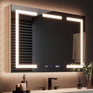 ExBrite 48 x 32 Lighted Medicine Cabinet with Mirror, Front&Backlit led Medicine Cabinet,Clock Temp Display,Defog,10x Magnifier,3 Colors Temper Dimmable,Surface or Recessed Mount,Door Wide Open